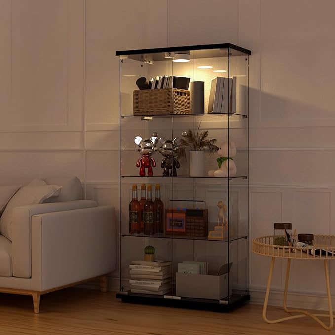 Display Cabinet with Light, Glass Door and Lock, 4-Shelf Fast Installation in