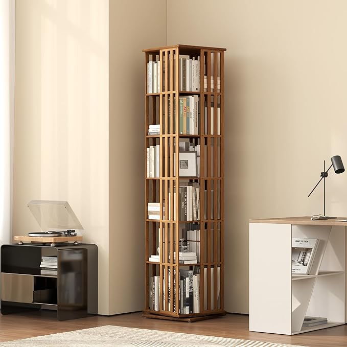 YOWOS Rotating Bookshelf Tower, 360° Display Spinning Bookcase, Bamboo