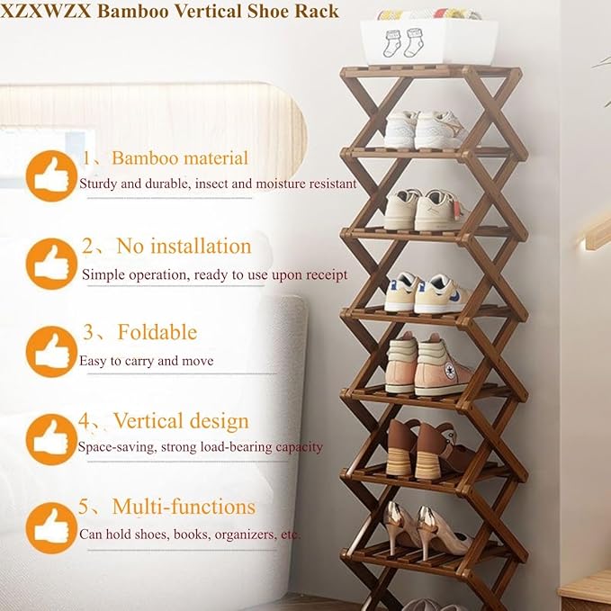 Foldable Shoe Rack, Bamboo Vertical Shoe Organizer Tall