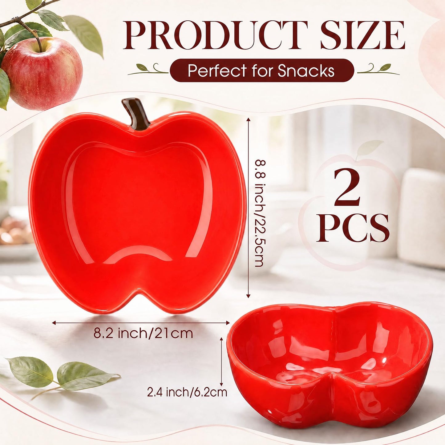 Jinei 2 Pcs Red Apple Shaped Ceramic Bowl Set Cute Snack & Fruit Bowls Back to School End of Year Teacher Appreciation Gift Serving Dish for Dorm Kitchen Counter Party Table Decoration