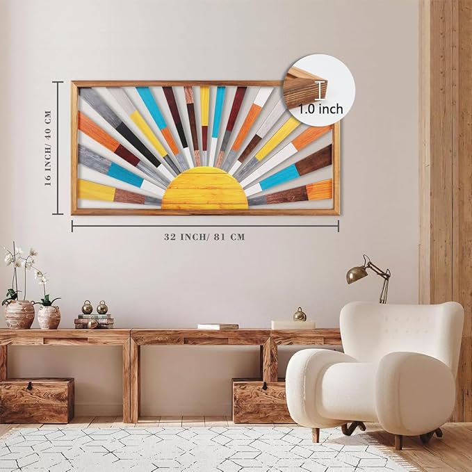 IARTTOP Large Boho Sun Wall Art Framed Wooden Art Wall Decor Rainbow Sun Rising