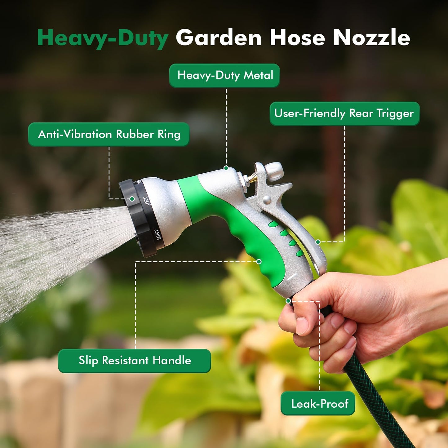 RESTMO Water Hose Nozzle with Removable Spray Disc, Heavy Duty Garden Hose Nozzle with 6 Spray Patterns, High Pressure Hand Sprayer for Watering Plants, Washing Cars & Pets, Rear Trigger