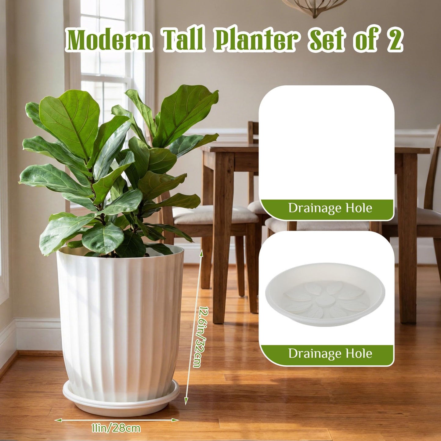 Briwooody 2 Pcs Tall Planter 12.6" Large Round Plastic Plant Pots with Drainage Hole and Tray White Modern Planter for Indoor Outdoor Plants Home Office Kitchen Bedroom Living Room Porch Patio Decor