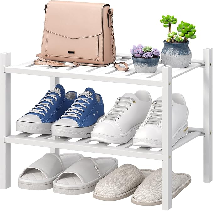 viewcare White Small Shoe Rack for Entryway, 2-Tier Bamboo Shoe Organizer for