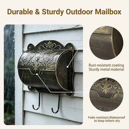 Wall Mount Mailbox with Newspaper Holder, Upgraded Embossed Vintage Mailbox Wall Mount, Butterfly & Floral Decorative Front Porch Antique Mailboxes, Mail Boxes for House Outside Garden