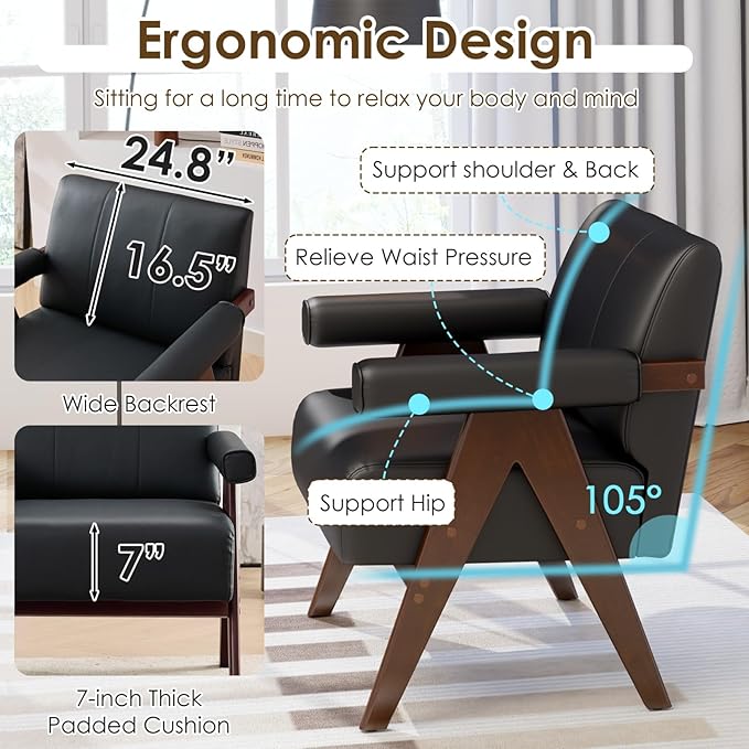 STHOUYN Black Leather Accent Chairs Set of 2, Mid Century Modern Accent Chair