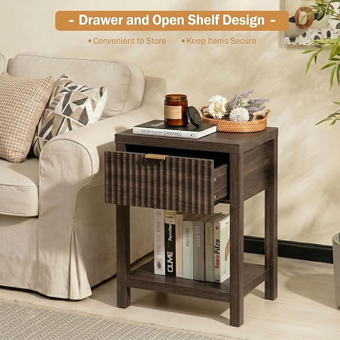 Fluted Night Stand with Golden Handle, Bedside Table with Storage Shelf