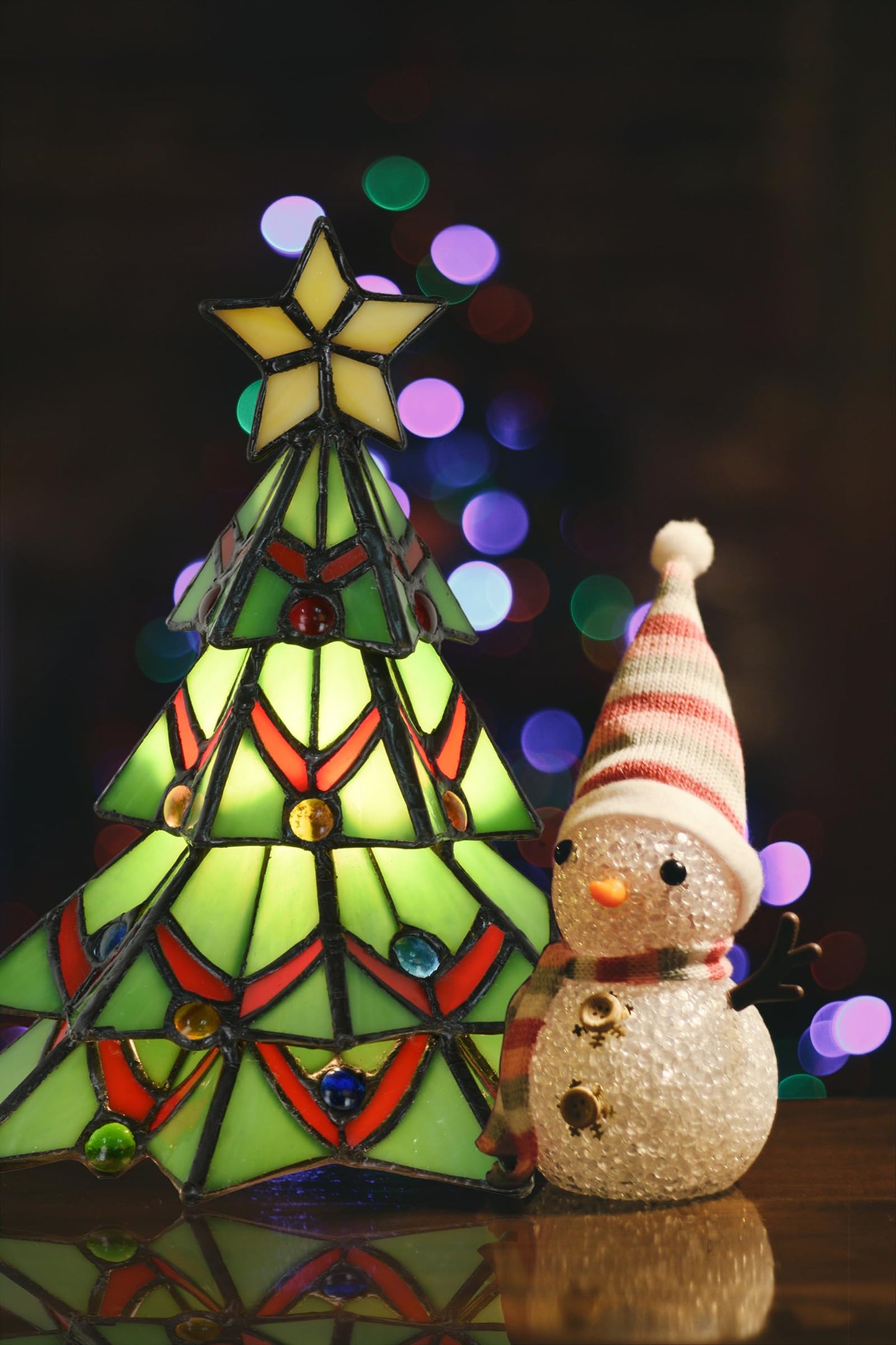 HomeBeauty A0001 Tiffany Style Stained Glass Accent Table lamp for Home Decor,Christmas Table Decorations Lighted Xmas Tree for Living Room Tabletop Party, W 7.5" x H 8.5", Bulb Included