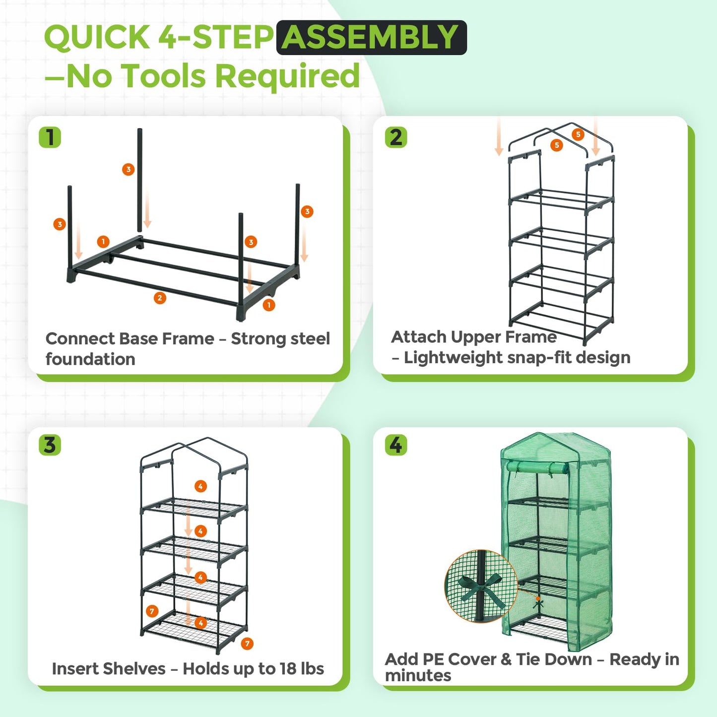 EAGLE PEAK 4-Tier Mini Greenhouse Portable Green House with Shelves & Weather-Resistant PE Cover, Small Greenhouse for Seedlings & Gardening Gifts, 27x19x64 in, Clear/Green