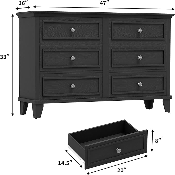 IDEALHOUSE 6 Drawer Dresser, Wooden Storage Chest of Drawers