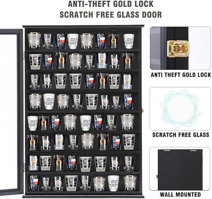 Shot Glass Storage Display Case Large Solid Wood Cabinet Rack Holder Wall