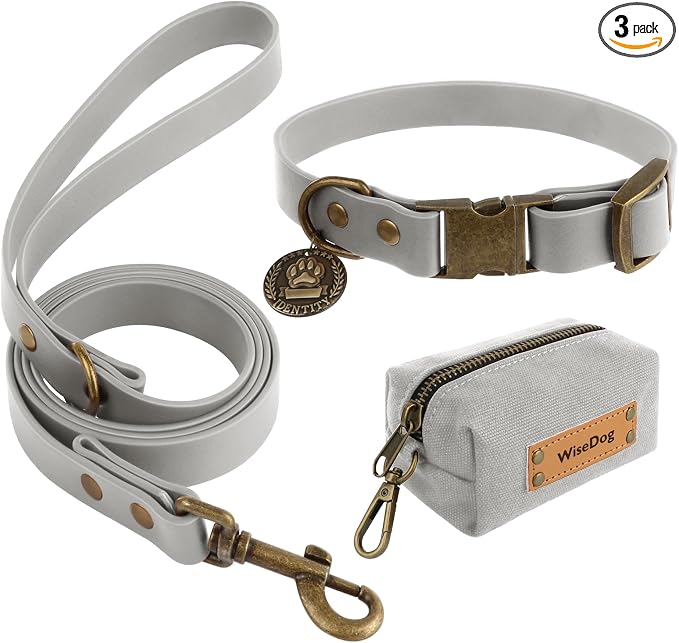 Wisedog Waterproof Dog Collar and Leash Set, Grey, M | Adjustable Puppy Collar, Cute Tag, 5FT Leash, Includes Poop Bag, For Small Medium Large Dogs