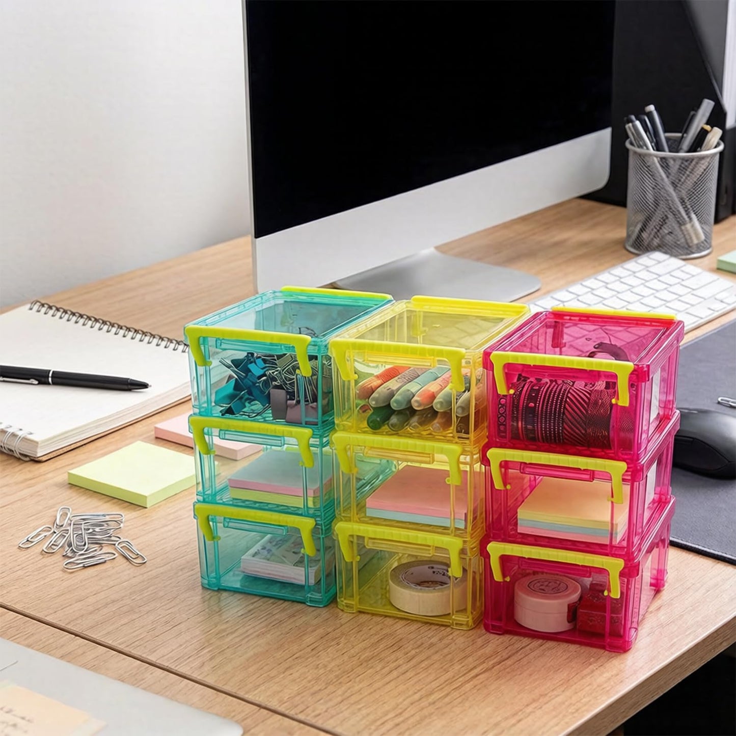 Nicunom 12 Pack Stackable Small Storage Containers with Latching Lids, Clear Plastic Craft Organizer Boxes Bulk for Crayons, Pencils, Art, Craft, Hobby, School Supply, 3 Colors, 5.2x3.9x2.4 Inch
