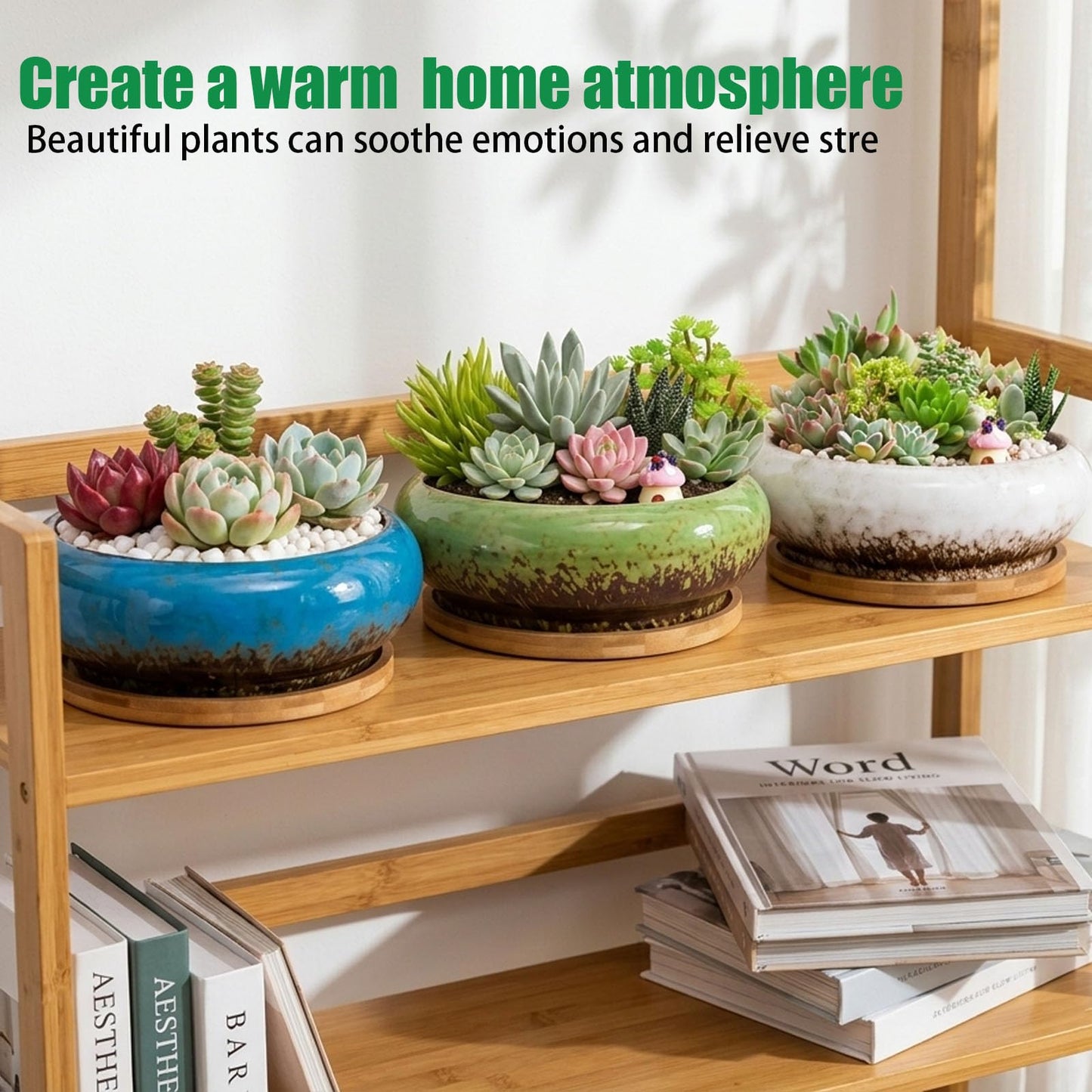 Drzewo 7-Inch Succulent Pots, Succulent Pots with Drainage, Drip Glazed Ceramic Planter with Small Garden Tools, Indoor Succulent Planters for Cactus, Potted Plant,Aloe Vera,Pot for Succulents