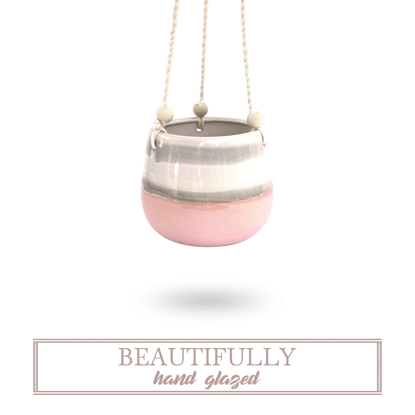 23 Bees Ceramic Hanging Planter, Pink White Succulent Pots, Round Plant Holder Container, Cactus Pot with Cotton Rope Hanger, Indoor Outdoor Decor, (1 Pack x Pink Horizon)