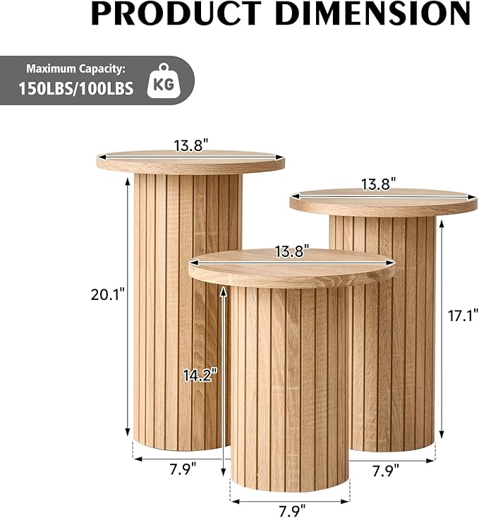 Round Side Tables Set of 3, Circle Modern Fluted Nesting Coffee Table, Accent
