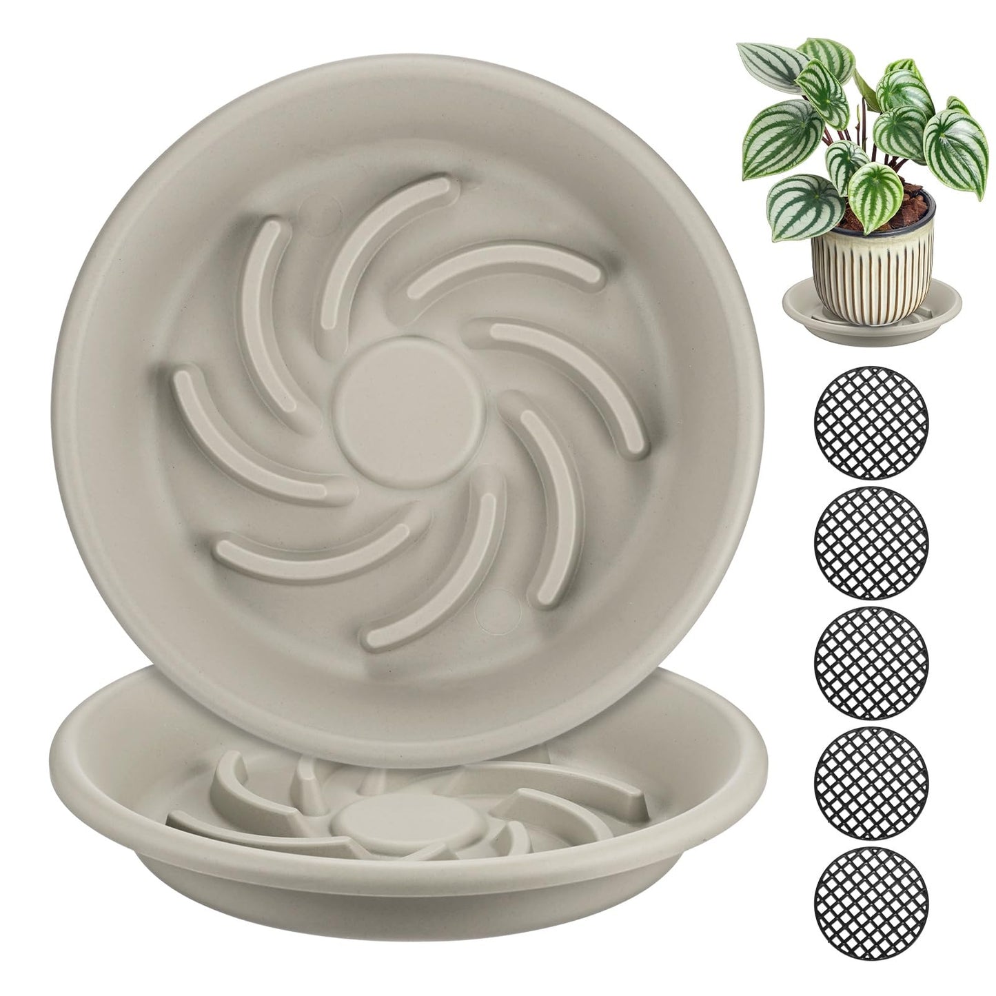 M METERXITY 2-Pack Plant Saucer, 7.3 Inch/ 18.5cm Plastic Plant Trays Thicker for Pots/Indoor/Outdoor/Water Drainage and Protection, Flowerpot Drip Tray [Grayish White]