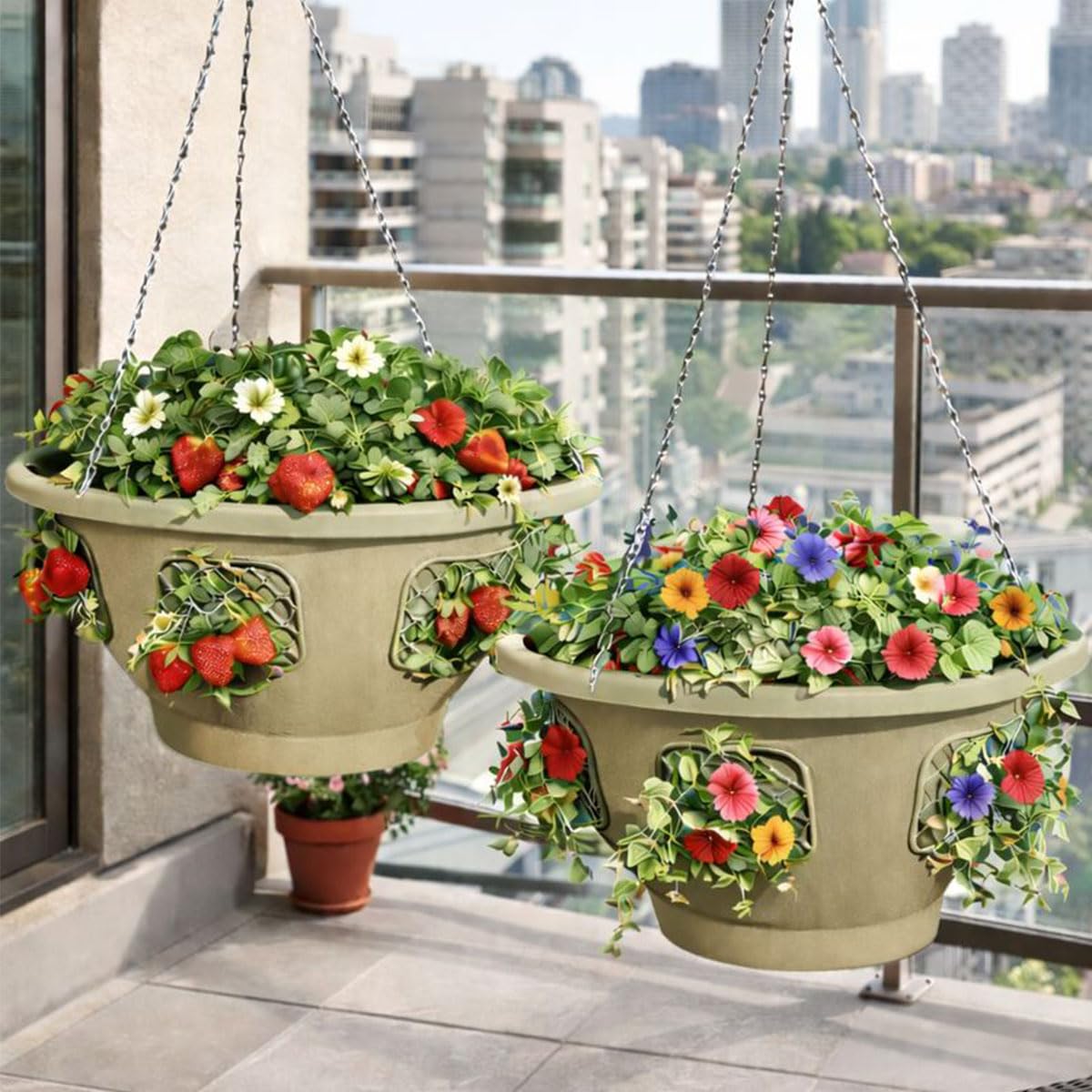 smart spring Ultimate Hanging Basket Strawberry & Flower Planter – 6 Side Planting Spaces, Drainage Hole, 1” Water Reservoir, Zinc-Plated Chain Included, Made in the USA (Desert Sand)
