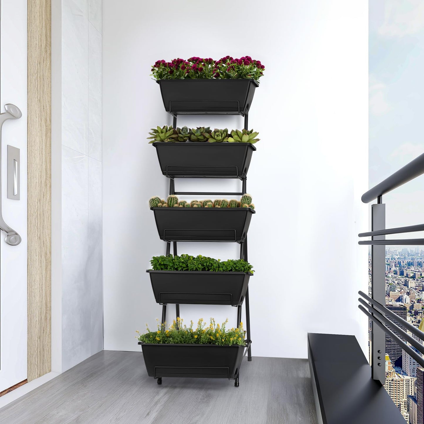 YBING Vertical Garden Planter 5 Tier Raised Garden Bed Outdoor Tiered Herb Garden Planter Standing Vertical Planter Box Flowers Vegetables Planters Black