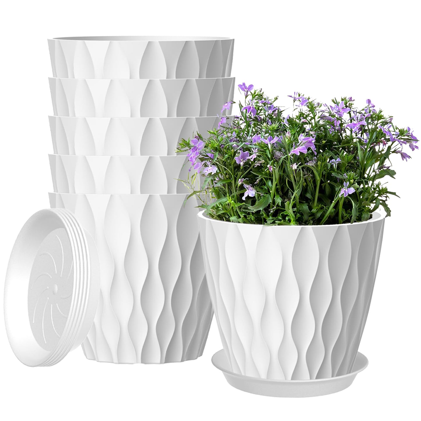 zople 6 Pack 7 Inch Plant Pots with Drainage and Saucers, White Plastic Flower Pots for Indoor and Outdoor Plants, Stackable Nursery Planters for Houseplants and Herbs, White