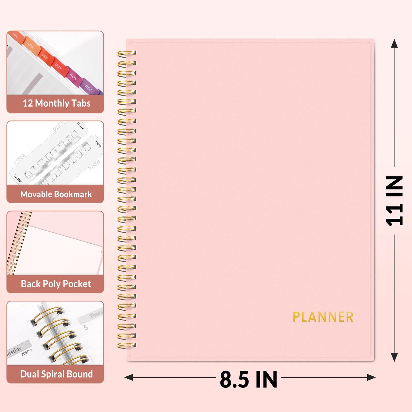 SUNEE Academic Planner 2026-2027 – Weekly & Monthly Planner, July 2026 to June 2027, 8.5"x11", Thick Paper, Tabs, Pockets, Bookmark, Spiral-Bound, Student Teacher Organizer, Pink