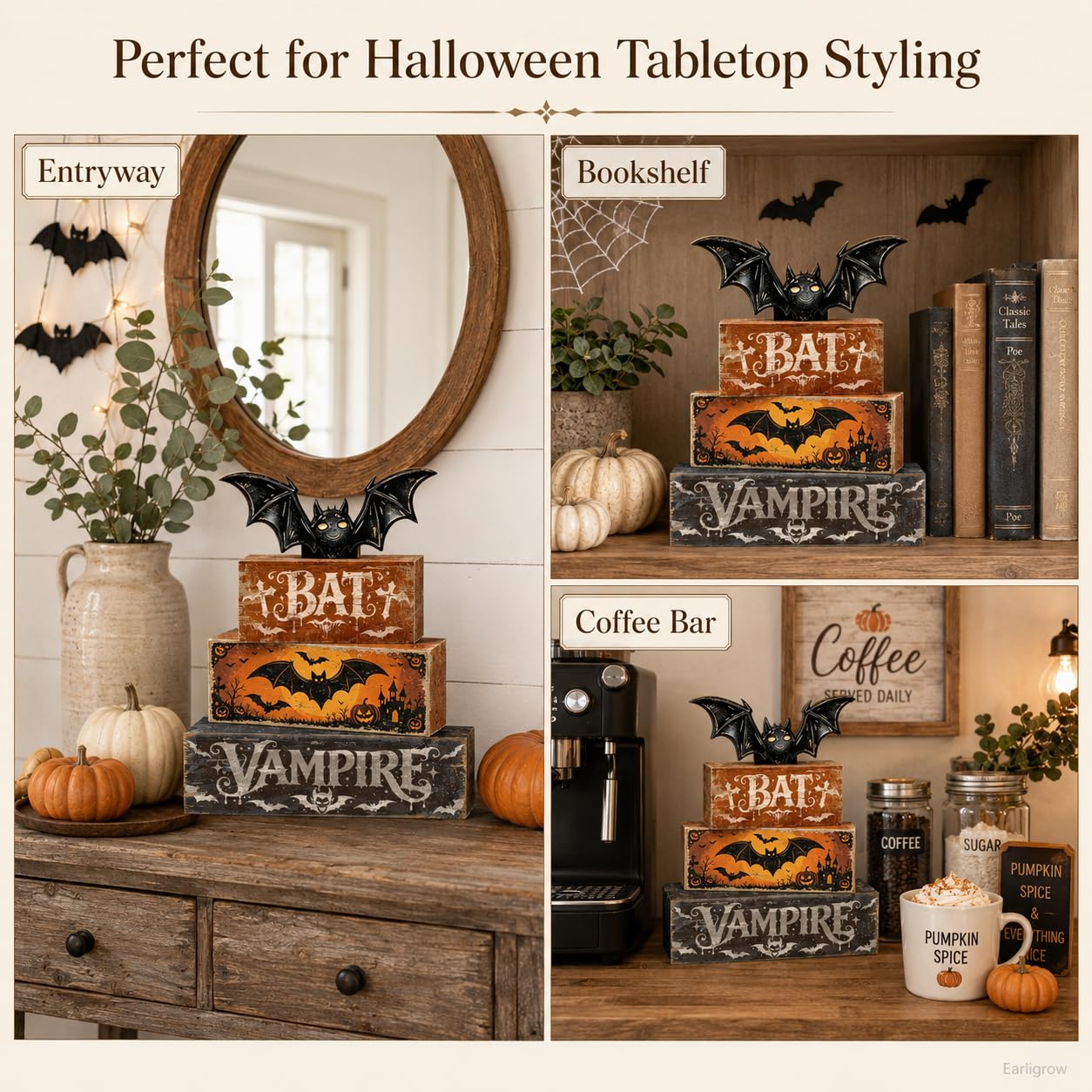 4 Pcs Halloween Table Decorations Bat Tiered Tray Decor Farmhouse Rustic Wooden Block Signs with Vampire & Jack-o'-Lantern Halloween Tabletop Centerpiece for Home Kitchen Shelf Mantel Office Desk
