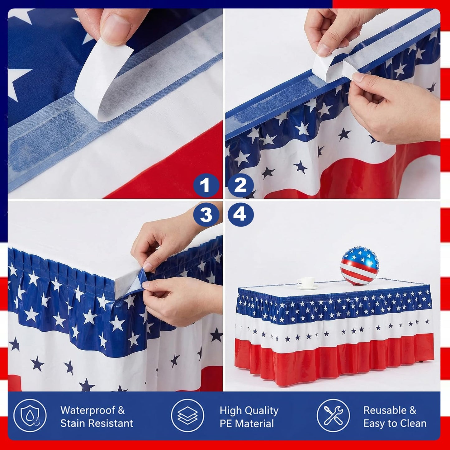 4 Pcs Patriotic 4th of July Table Skirts Disposable Plastic 2.4 x 14.3 Ft 4th of July 250th Anniversary American Star Table Skirt for Independence Day Memorial Day Party Supplies