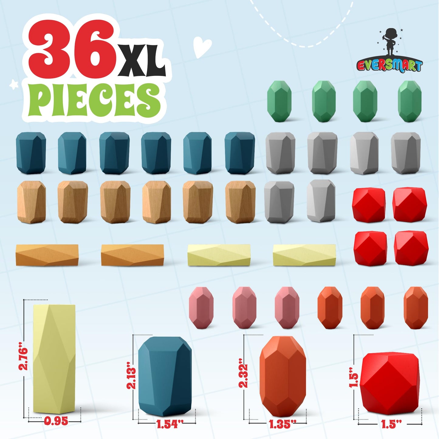 EVERSMART 36 Pcs Wooden Stacking Blocks – Montessori Toys for 1 2 3 4 5 6 Year Old Toddlers and Kids, XL Rocks, No Choking Hazard – Sensory STEM Building Stones, for Girls and Boys