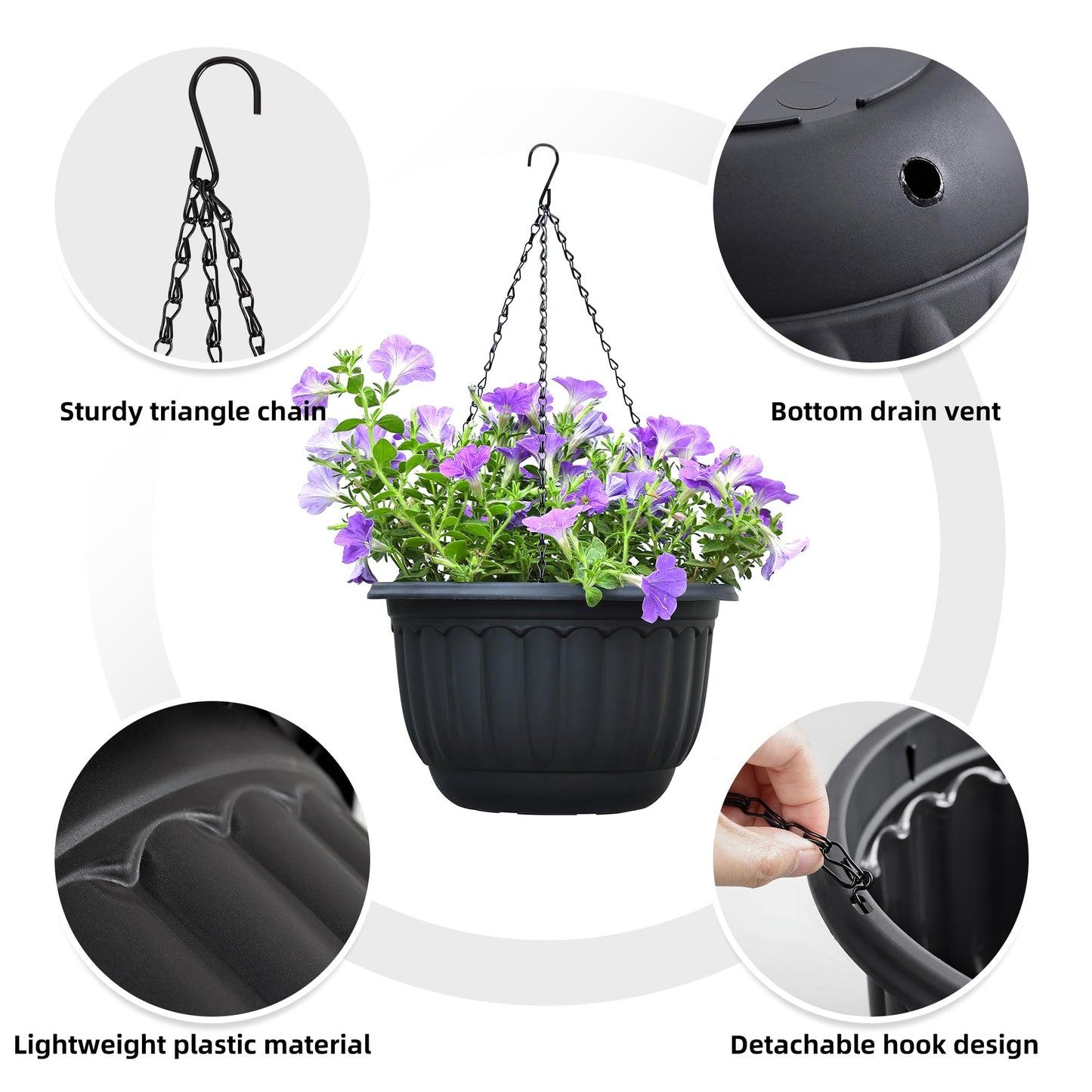 YIKUSH Planters for Outdoor Plants 2 Pack Black Plant Pots with Drainage Hole and Absorbing Tray Hanging Planters for Indoor Plants (12 inch, 3 Hooks)