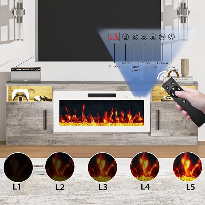 PRETZI Fireplace TV Stand with 36" Fireplace Up to 80" TVs, Remote Control