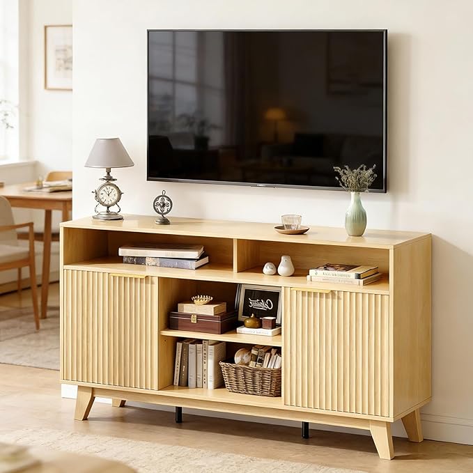 VINGLI Boho Fluted TV Stand for 70 Inch TV, Tall Wooden TV Console
