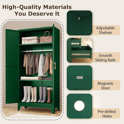 Metal Wardrobe Storage Cabinet with Hanging Rod,71'' Metal Clothing Cabinet with 2 Doors and 2 Adjustable Shelves for Bedroom, Laundry Room, Cloak Room (2 Doors-71'', Green)