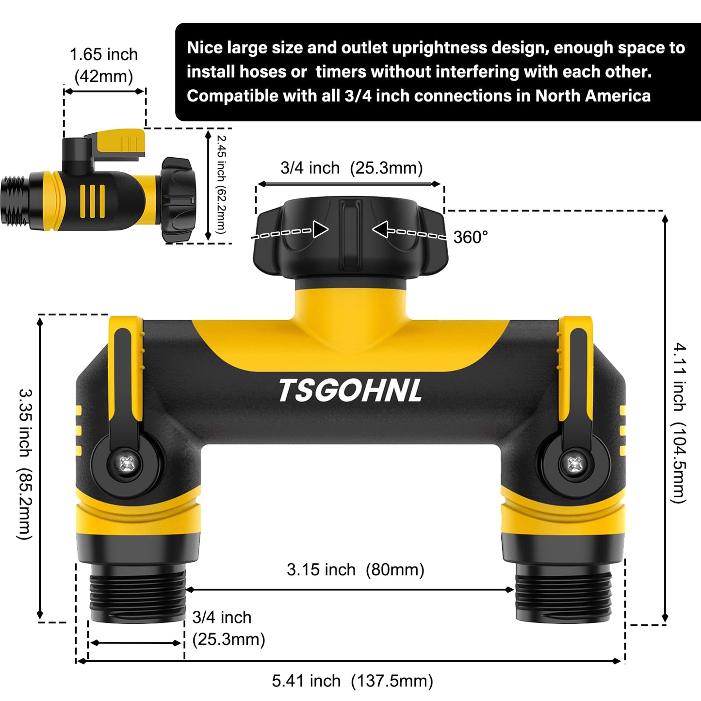 2 Way Garden Hose Splitter, 3/4 Inch Outdoor Faucet Splitter, Hose Manifold with Independent Shut Off Valves, Wide Spacing for Hose Timers, Sprinklers, Lawn, Yard and Garden Watering - yellow