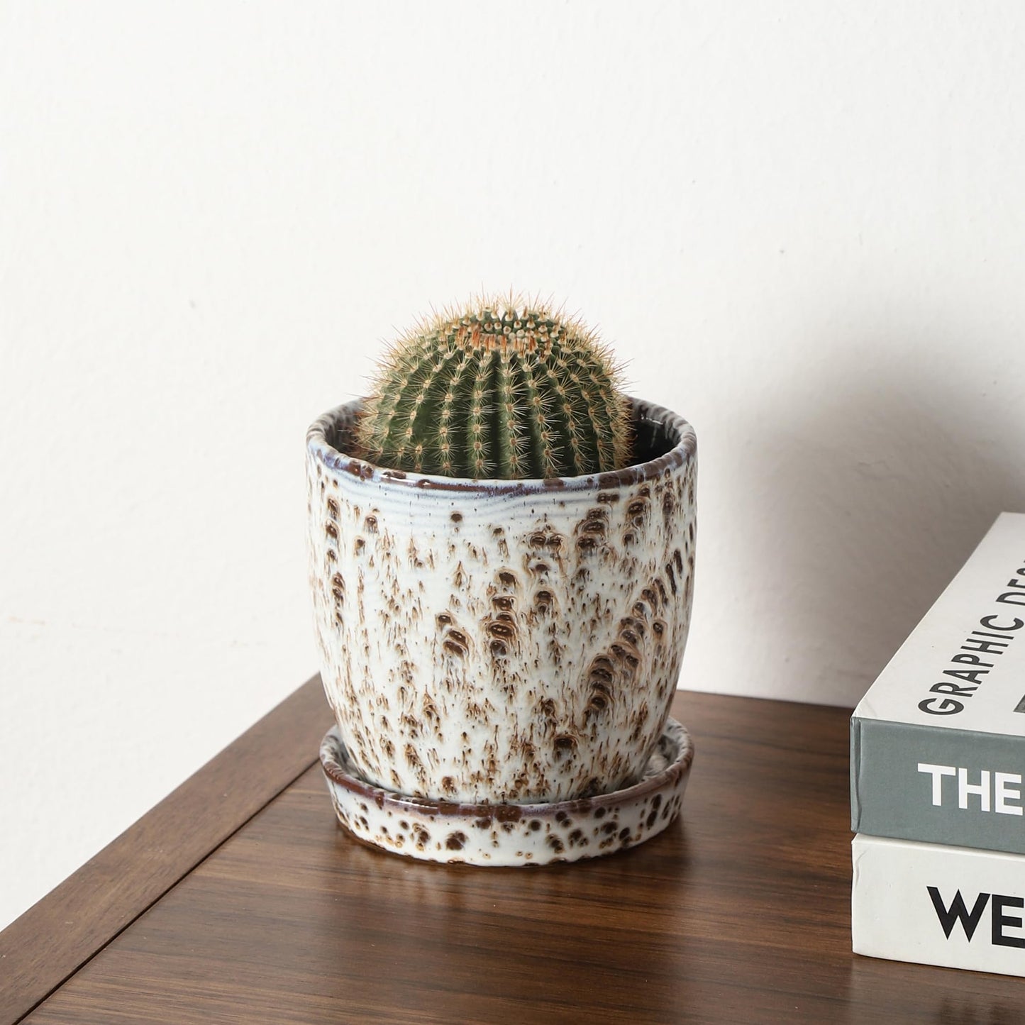 4+5.75 Inch Ceramic Planter Set of 2 with Drainage Hole and Saucer for Plants, Indoor-Outdoor Large Round Succulent Orchid Flower Pot -Reactive Glaze Speckled(Inner-pots not Larger Than 5 Inch)