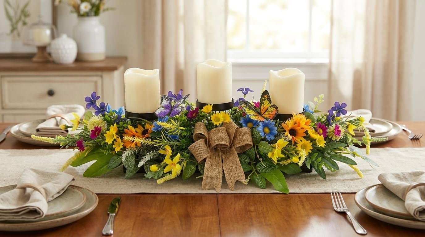 Svndlyn Candle Holders Spring Summer Centerpiece,3 Wick Candle Holder with Daisy and Sunflowers, Perfect for Spring Decor,Easter Centerpiece Table Decor,Indoor Home Decor,Desktop Decor