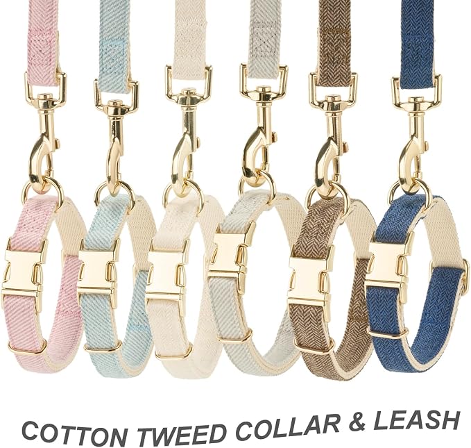 Luxury Soft Cotton Tweed Fabric Dog Collar & Leash Set with Gold Buckle – Durable Fabric, Stylish Design for Everyday Walks(Medium Grey)