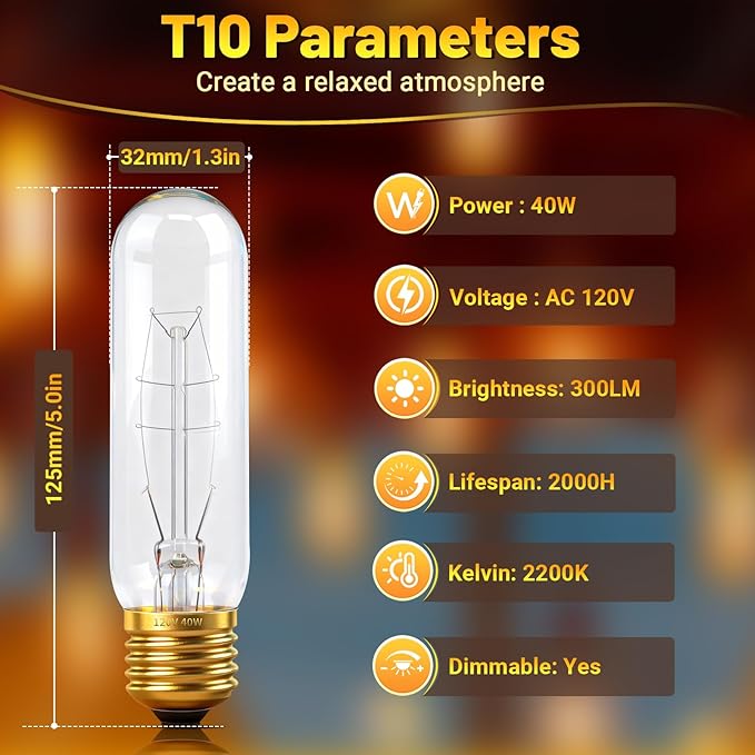 T10 Tubular Light Bulbs 40 Watt Incandescent Light Bulb, T10 Bulb, 120V 40W