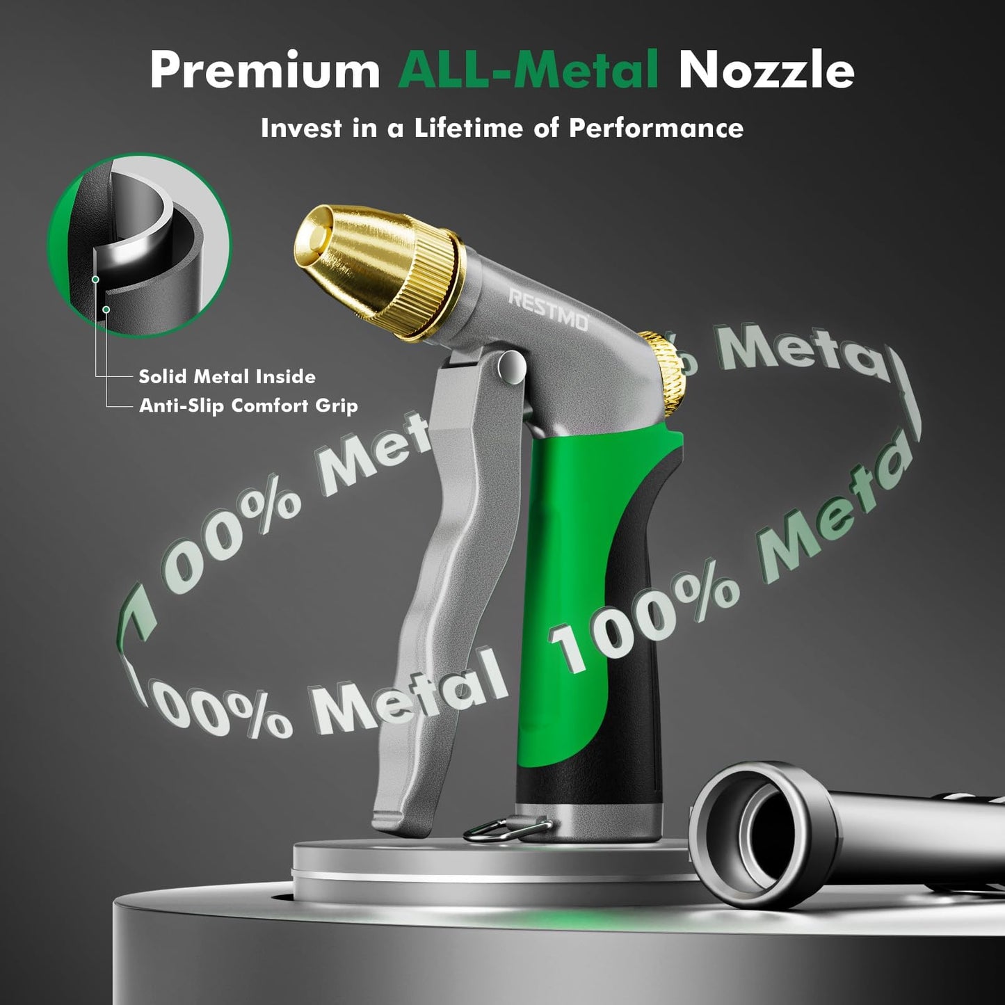 RESTMO Heavy Duty Metal Water Hose Nozzle, High Pressure Garden Hose Nozzle, Hose Sprayer Nozzle with Adjustable Spray Patterns for Garden Watering, Car Washing, Patio and Pet, Green