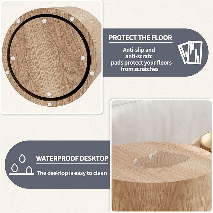 Small Round Coffee Table Nesting End Table Set of 2, Wood Side Circle Accent