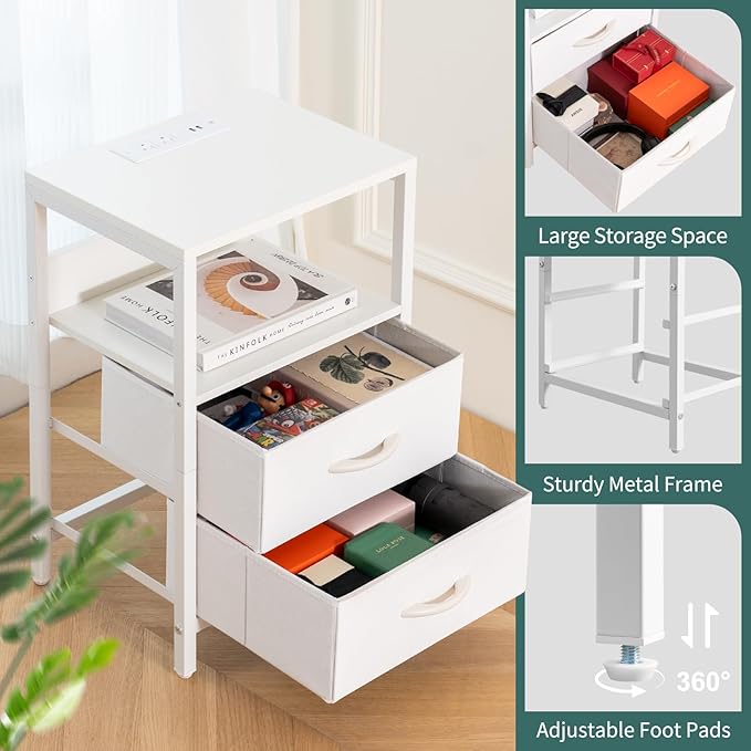 Yoobure Nightstand with Charging Station, LED Night Stand with Fabric Drawers