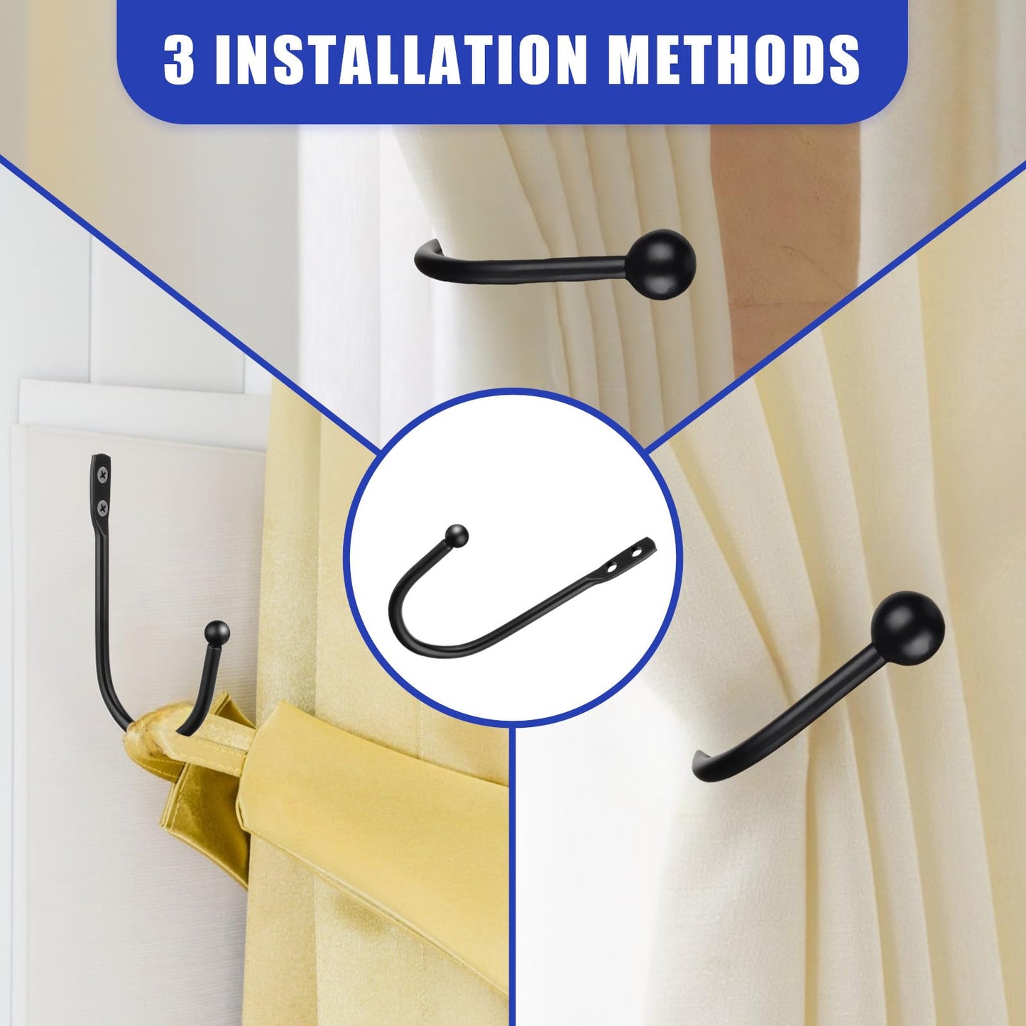 Gaahkai 12PCS Curtain Tie Back Hooks, Metal Curtain Holdbacks Side Tiebacks Wall Mounted with Screws, Black