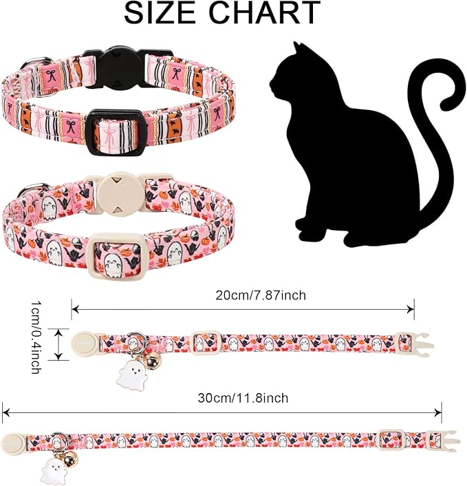 2 Pack Fall Cat Collars Breakaway with Bell, DOGWONG Safety Buckle Fall Halloween Ghost Cute Cat Collar for Girl Boy Cats，Adjustable 7-12 Inch