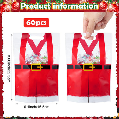 Shemilly 60pcs Christmas Treat Bags,Christmas Plastic Resealable Candy Gift Bag with Handle,Transparent Santa Pants Sealing Goodie Pouch for Xmas Winter Holiday Party Favors Decorations,9X6inch
