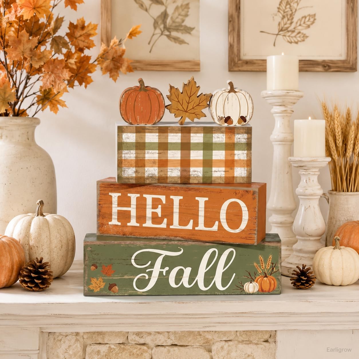 4 Pcs Fall Table Decorations, Hello Fall Tiered Tray Decor, Farmhouse Wooden Block Signs with Pumpkin & Maple Leaf, Rustic Buffalo Plaid Thanksgiving Tabletop Centerpiece for Home Kitchen Shelf