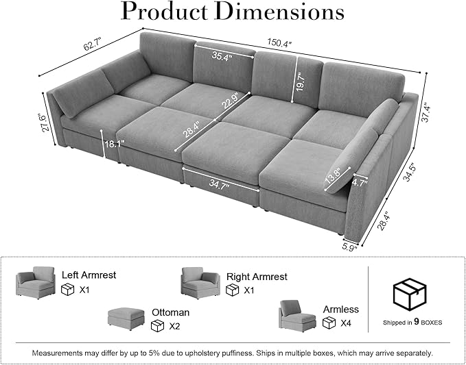 Oversized Modular Sectional Sleeper Couch, Solid Wood Frame, Removable Washable