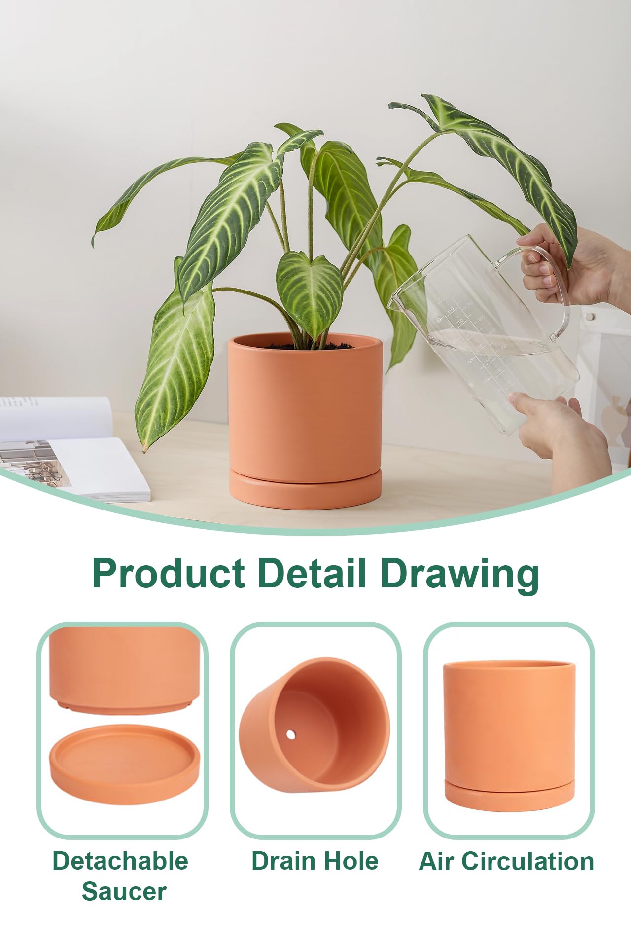 vensovo Terracotta Pots with Drainage and Saucers - 3.5/4.2/5.2/6.0 Inch Clay Planters Set of 4, Round Cylinder Flower Pots for Succulents, Herbs, Indoor Outdoor Plants