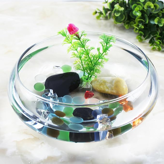 Lurrose Transparent Landscape Fish Tank 9.52 Inch Shallow Aquarium Clear Plastic Desktop Fish Bowl for Goldfish Turtles Home Office Decor