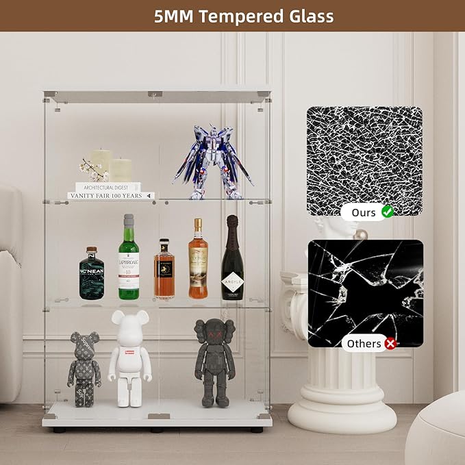 Display Cabinet with Glass Door and Lock, 3-Shelf Fast Installation Curio