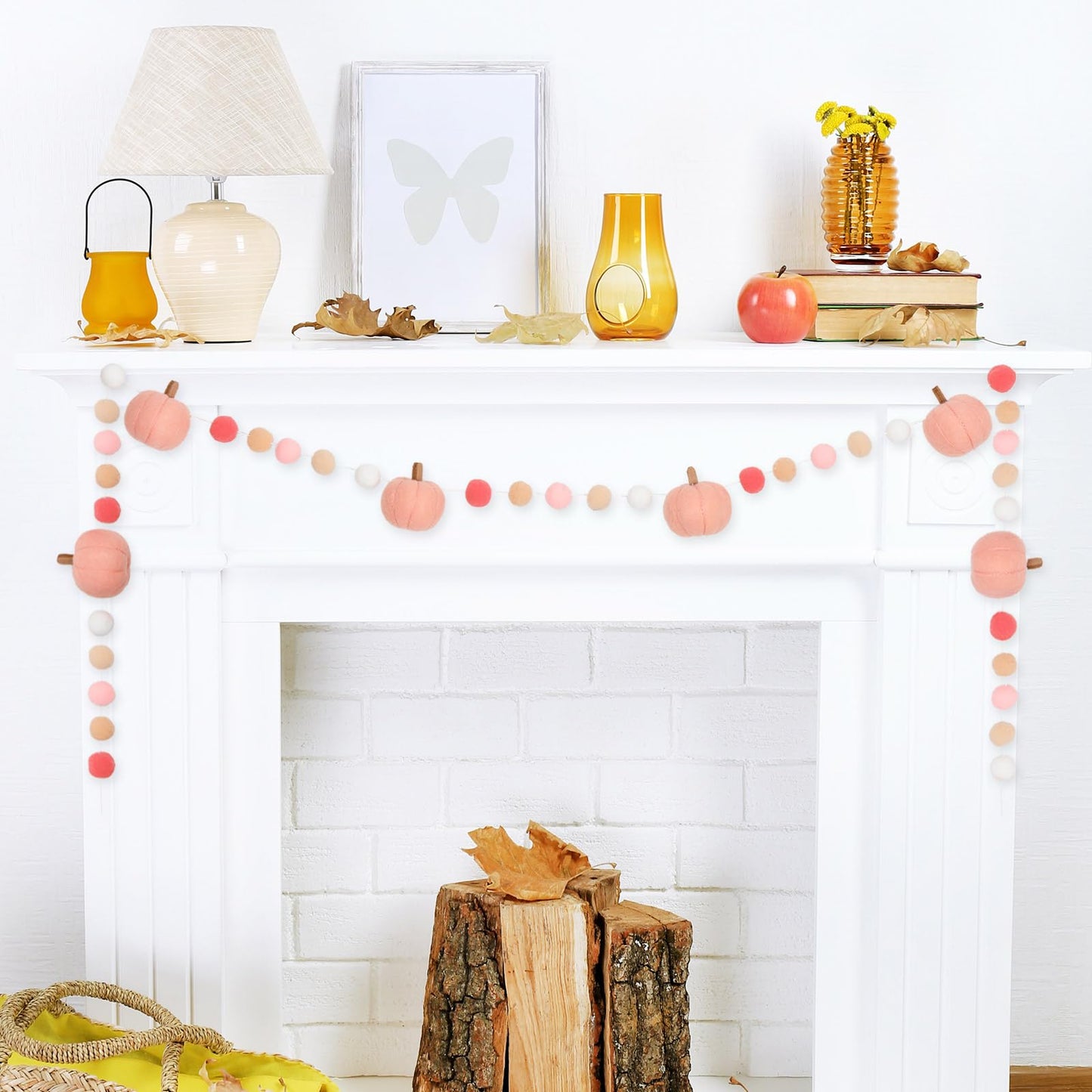 Whaline 8.2Ft Fall Felt Ball Garland Pink Pumpkin Pom Pom Hanging Banner Harvest Pumpkin Felt Ball Garland Cute Autumn Decor for Fall Thanksgiving Festive Party Home Mantel Wall Window