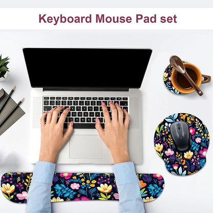 Keyboard Wrist Rest and Mouse Wrist Rest Pad with Cup Coaster,Made of Memory Foam,Ergonomic Support,Easy-Typing and Pain Relief,for Gaming Office Home Computer,Blooming Flower